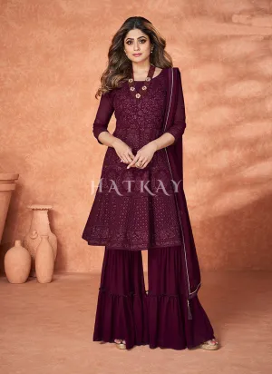 Deep Wine Embroidered Bollywood Sharara Suit