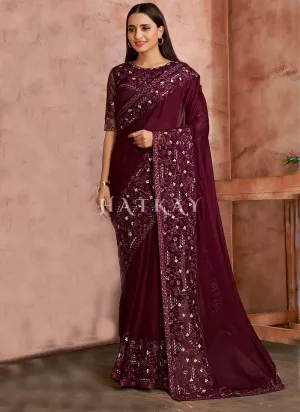 Deep Wine Embroidered Wedding Wear Indian Saree