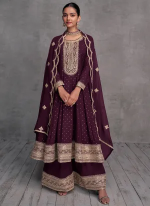 Deep Wine Embroidery Designer Anarkali Palazzo Suit