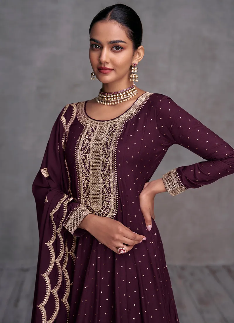 Deep Wine Embroidery Designer Anarkali Palazzo Suit