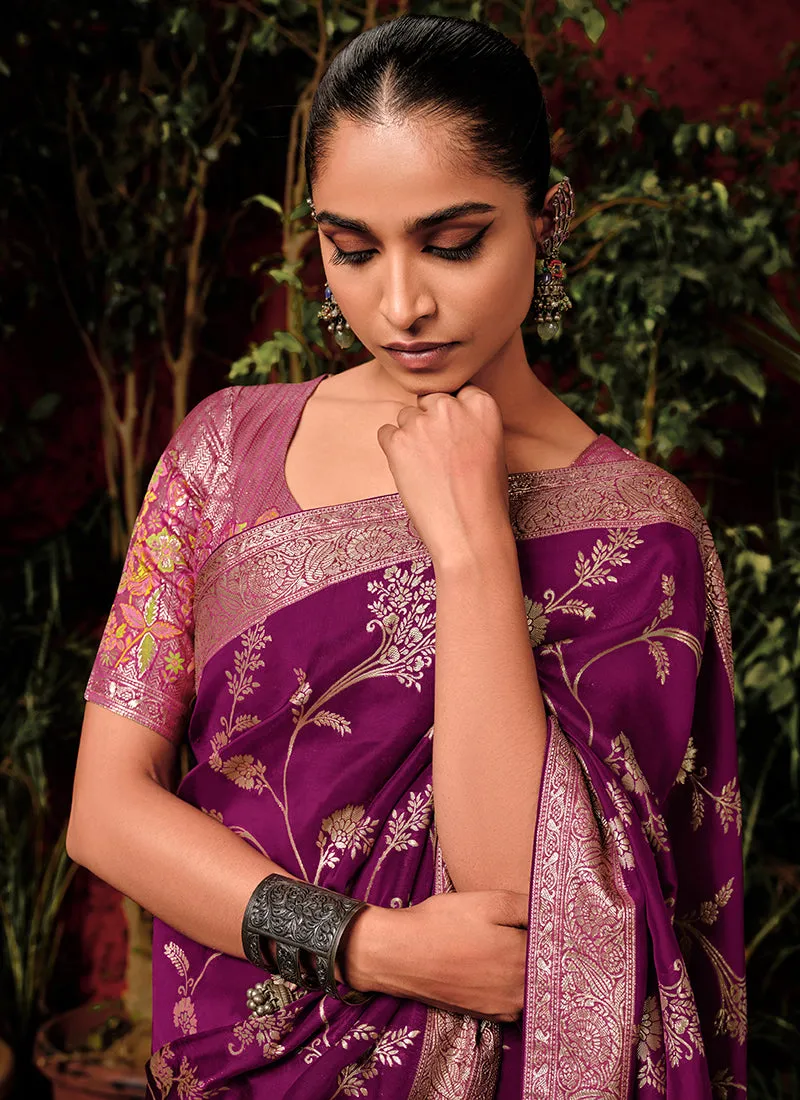 Deep Wine Floral Viscose Silk Saree