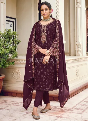 Deep Wine Multi Embroidered Pakistani Pant Style Suit