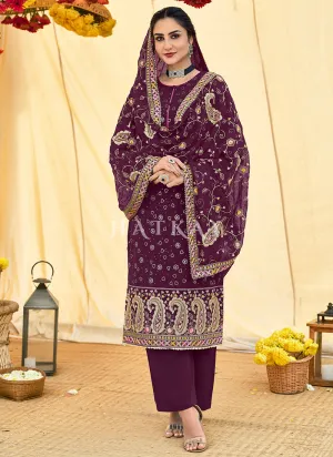 Deep Wine Multi Embroidery Traditional Pant Suit