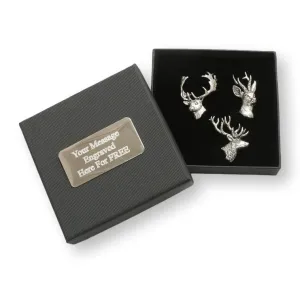 Deer Set of 3 English Pewter Pin Badges Personalised Gift Box