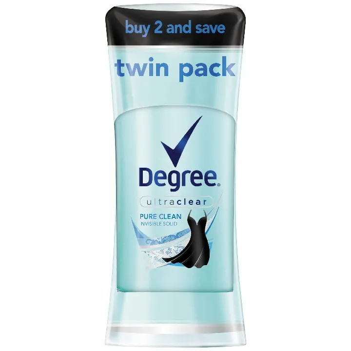 Degree Ultra Clear Long Lasting Women's Antiperspirant Deodorant Stick Twin Pack, Pure Clean, 2.6 oz