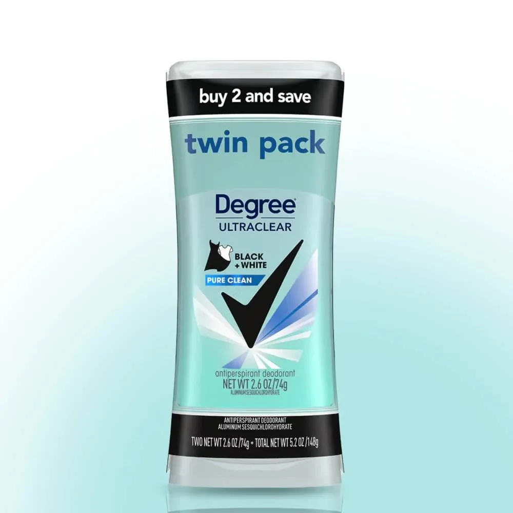 Degree Ultra Clear Long Lasting Women's Antiperspirant Deodorant Stick Twin Pack, Pure Clean, 2.6 oz