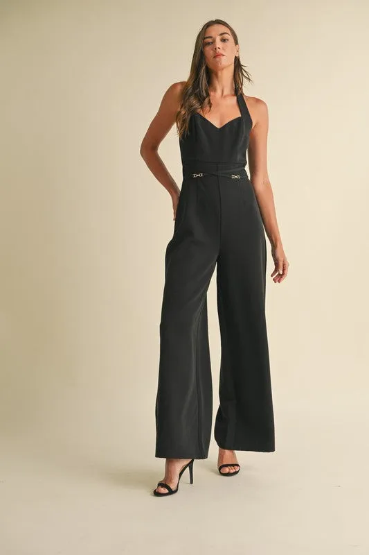 Delaney Sleeveless Halter Neckline Wide Leg Jumpsuit Black