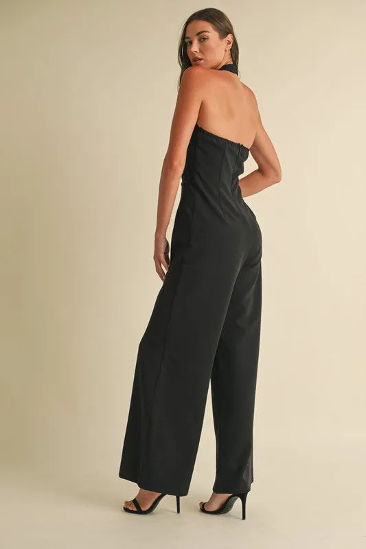 Delaney Sleeveless Halter Neckline Wide Leg Jumpsuit Black