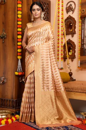 Delectable Beige Organza Silk Saree With Incredible Blouse Piece