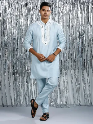 DELICATE BLUE MIRROR WORK MID-LENGTH KURTA SET