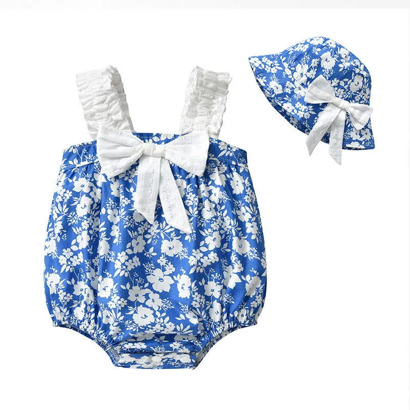 Delicate Cotton Bow Floral One-Piece Rompers