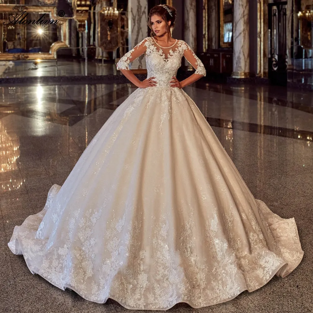 Delicate Shiny Beading O-Neck Wedding Dress Half Sleeves Lace Up Puffy Ball Gown Bride Dress