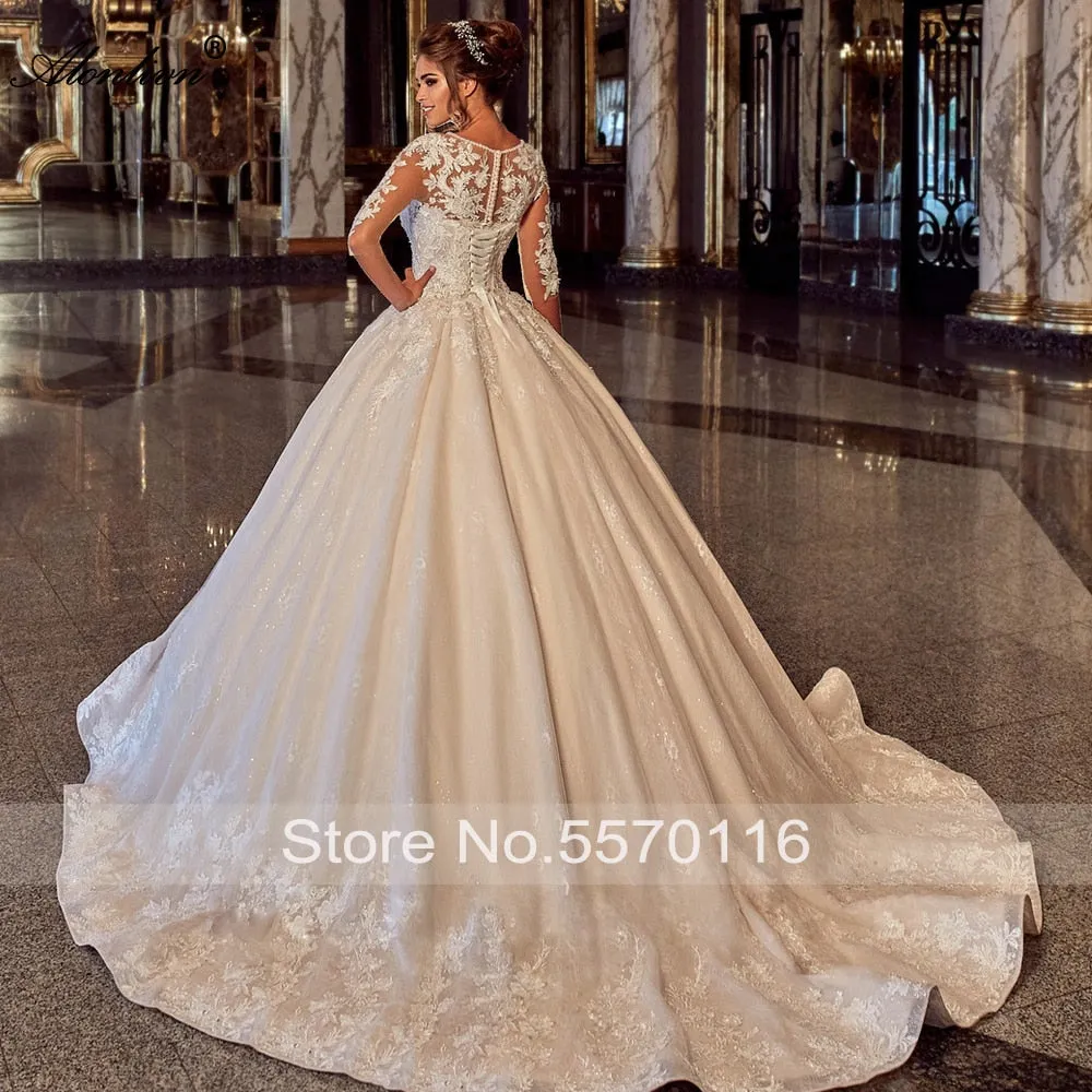 Delicate Shiny Beading O-Neck Wedding Dress Half Sleeves Lace Up Puffy Ball Gown Bride Dress