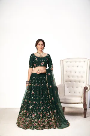 Delightful Green Net Thread And Sequins Embroidered Lehenga