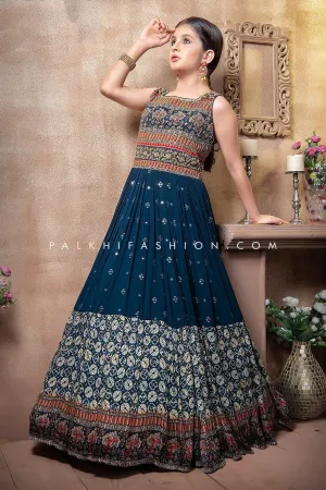 Delightful Petrol Blue Girls Indian Designer Outfit