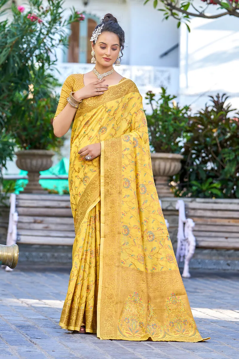 Delightful Yellow Pashmina saree With Seraglio Blouse Piece