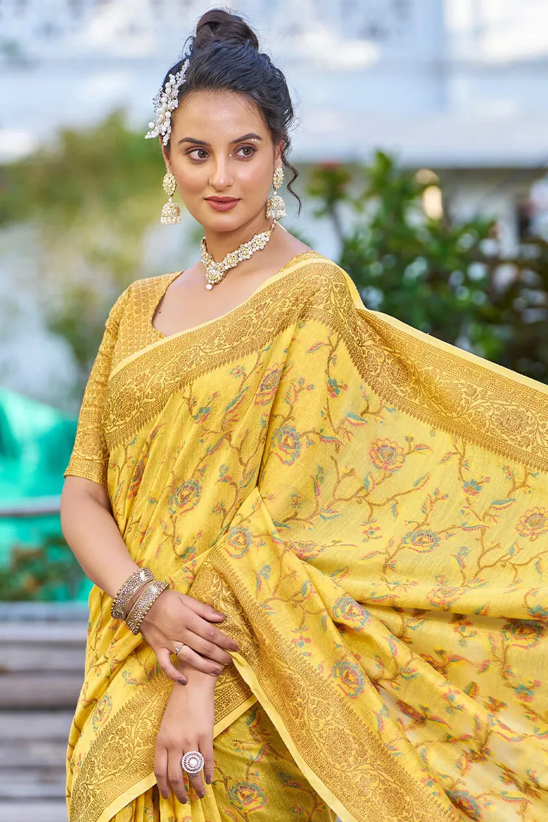 Delightful Yellow Pashmina saree With Seraglio Blouse Piece