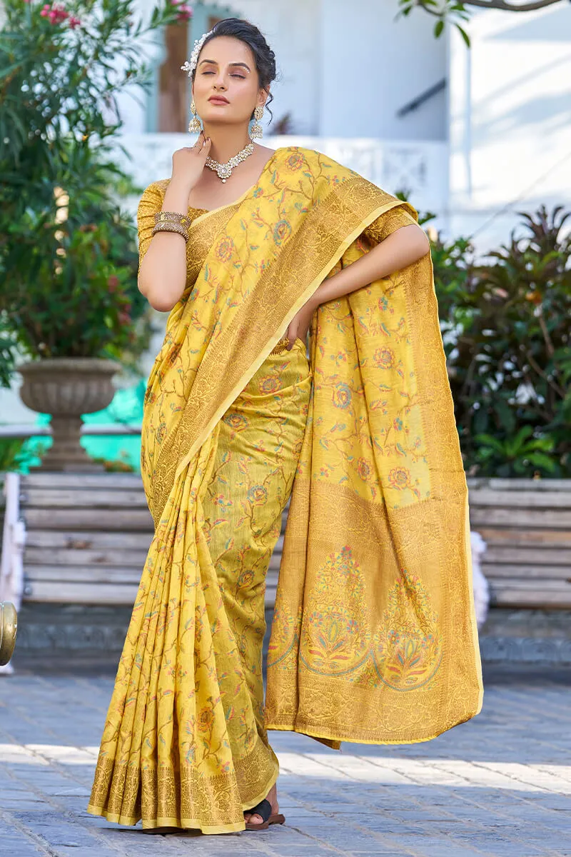 Delightful Yellow Pashmina saree With Seraglio Blouse Piece