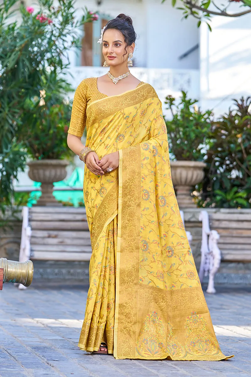 Delightful Yellow Pashmina saree With Seraglio Blouse Piece