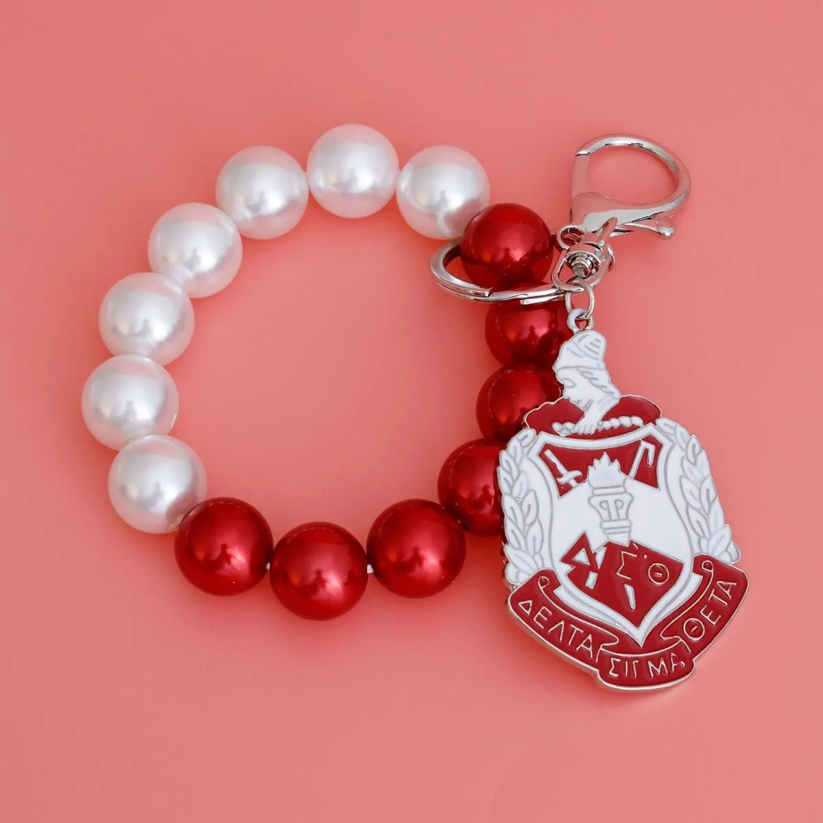 Delta Sigma Theta Inspired Red White Pearl DST Shield Keychain|7.75 x 1.65 inches