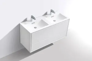 DeLusso 48" Double Sink High Glossy White Wall Mount Modern Bathroom Vanity