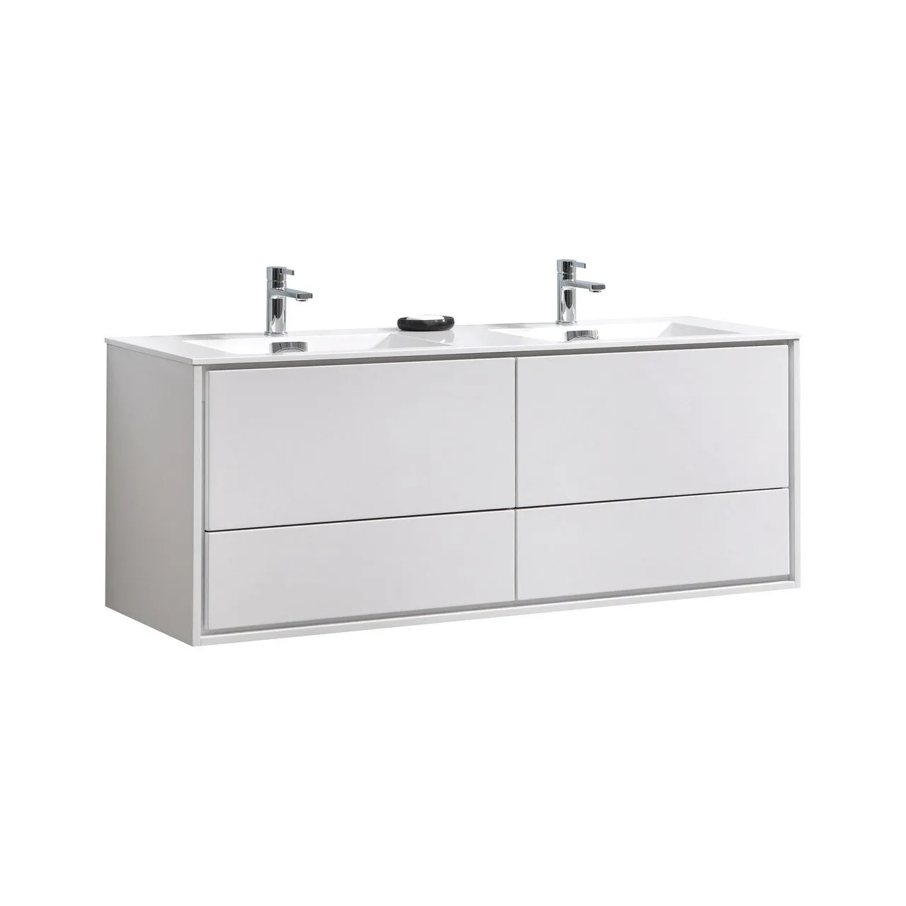 DeLusso 60" Double Sink High Glossy White Wall Mount Modern Bathroom Vanity