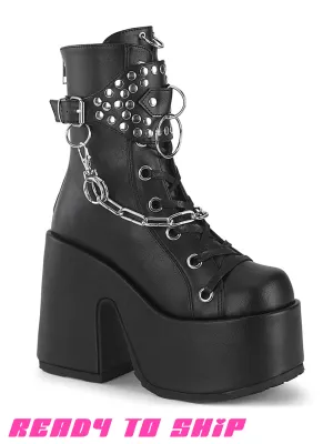 DEMONIA CAMEL 65 PLATFORM BOOTS - BLACK VEGAN LEATHER