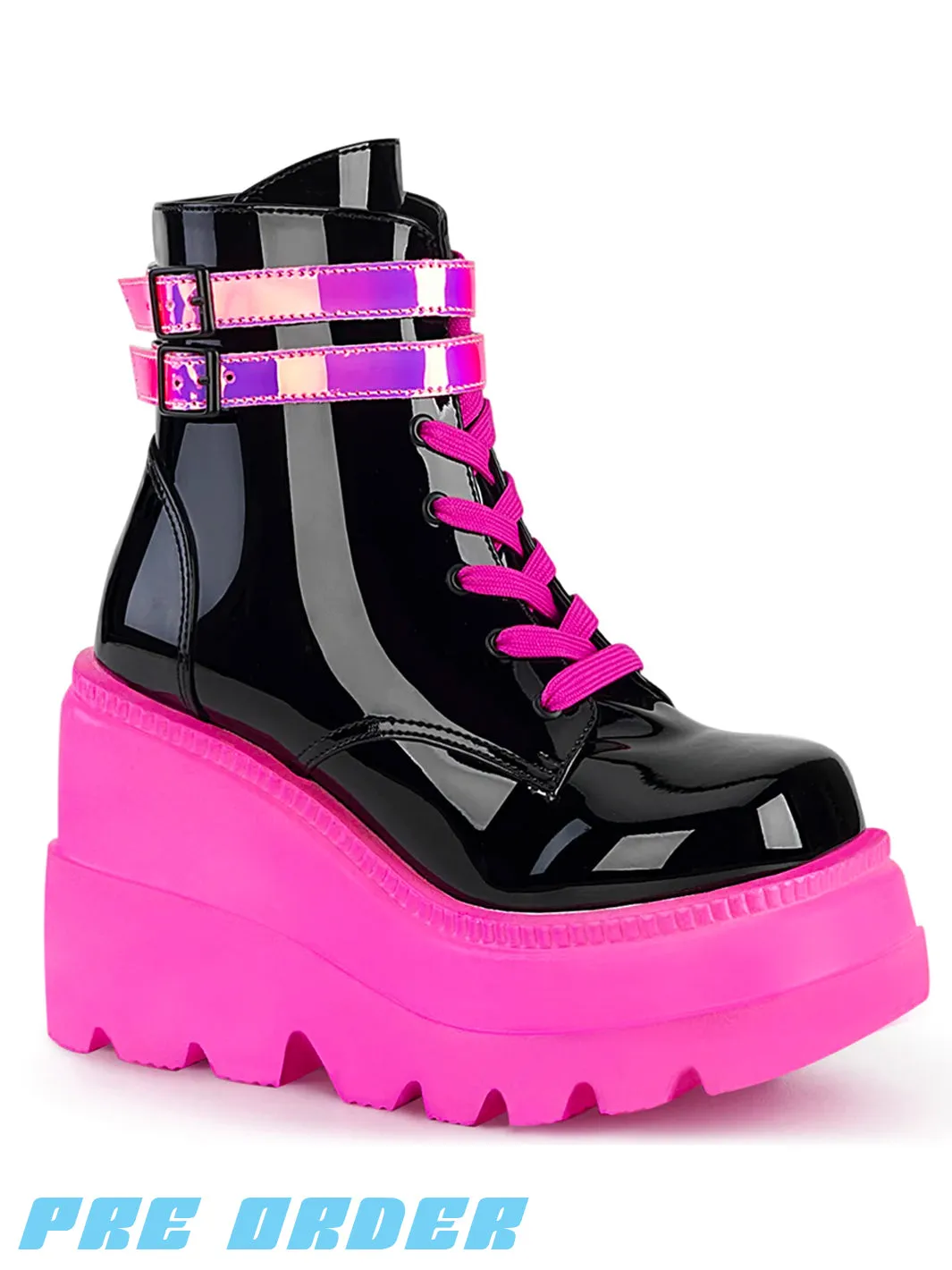 DEMONIA SHAKER-52 PLATFORM BOOTS - BLACK PATENT UV NEON PINK ✰ PRE ORDER ✰