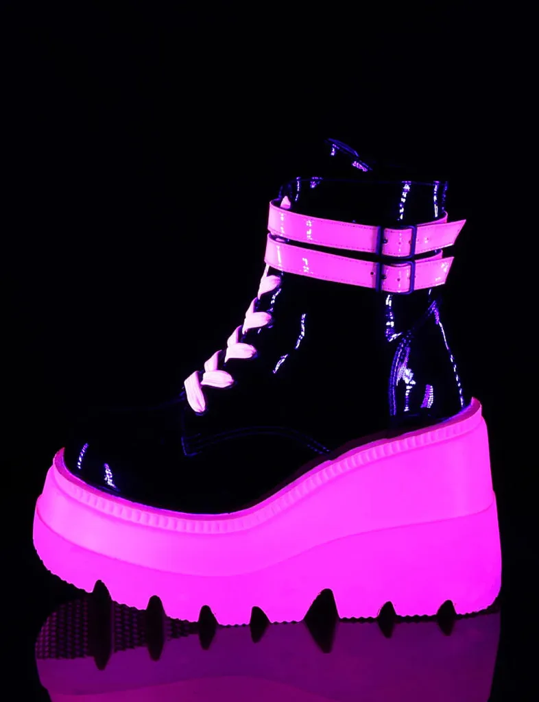 DEMONIA SHAKER-52 PLATFORM BOOTS - BLACK PATENT UV NEON PINK ✰ PRE ORDER ✰