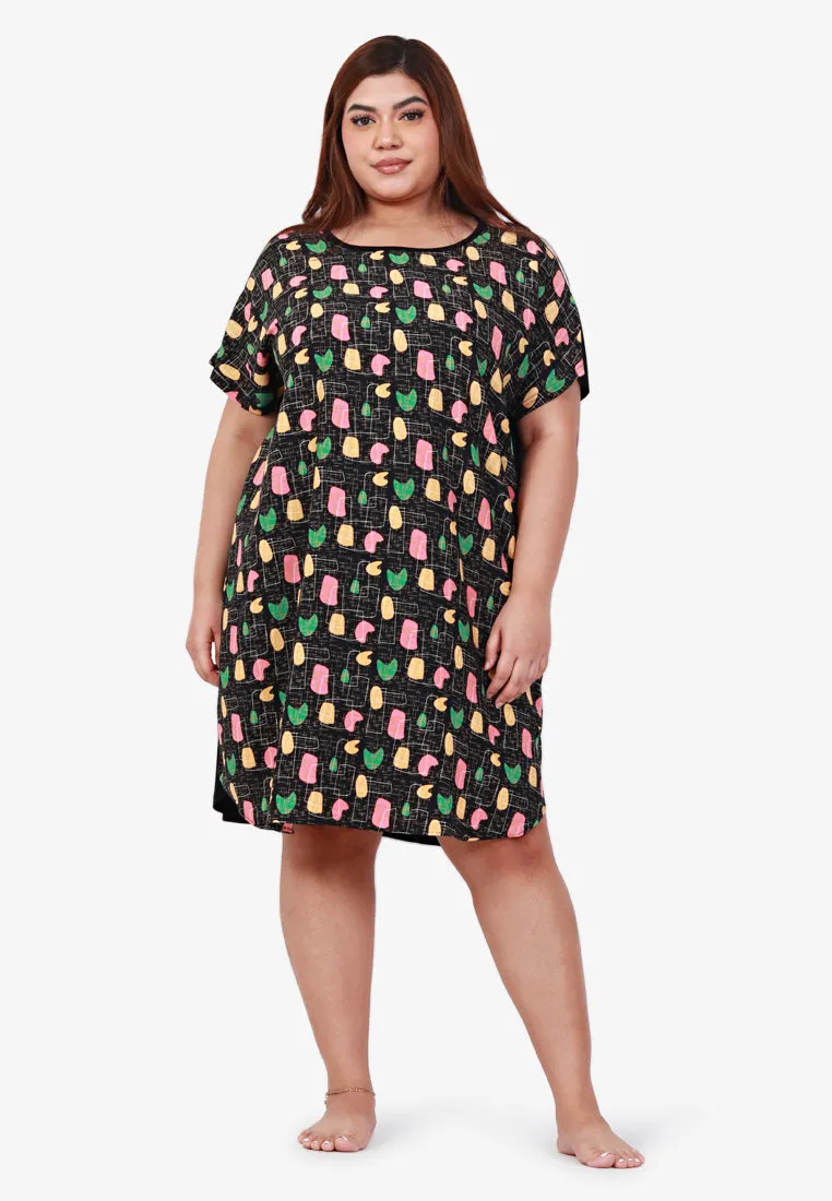 Dency Back Stretch Lounge Dress - Black Prints