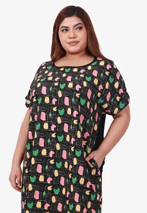 Dency Back Stretch Lounge Dress - Black Prints