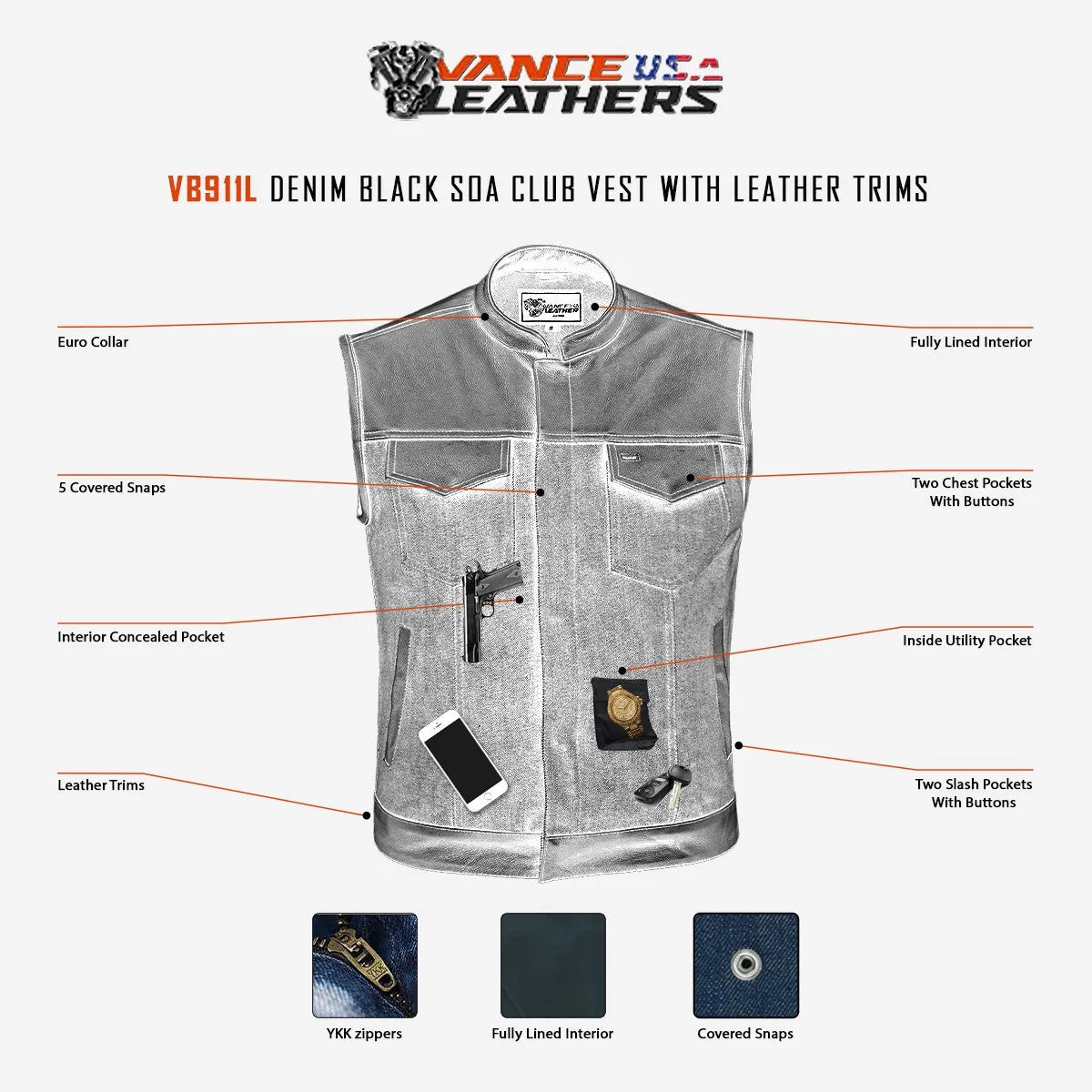 Denim Black SOA Club Vest with Leather trims