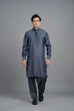 Denim Blue Cotton Shalwar Kameez With Black Inlay  SQ6