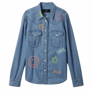 Denim Button Down Happy Hand Embroidery