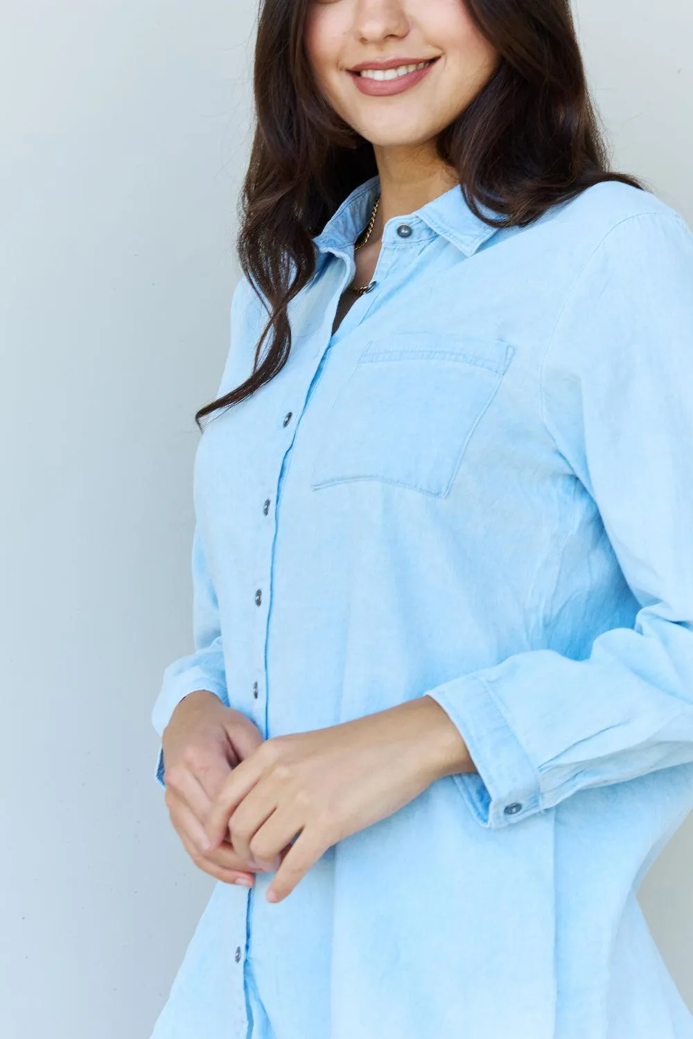 Denim Button Down Shirt Top in Light Blue