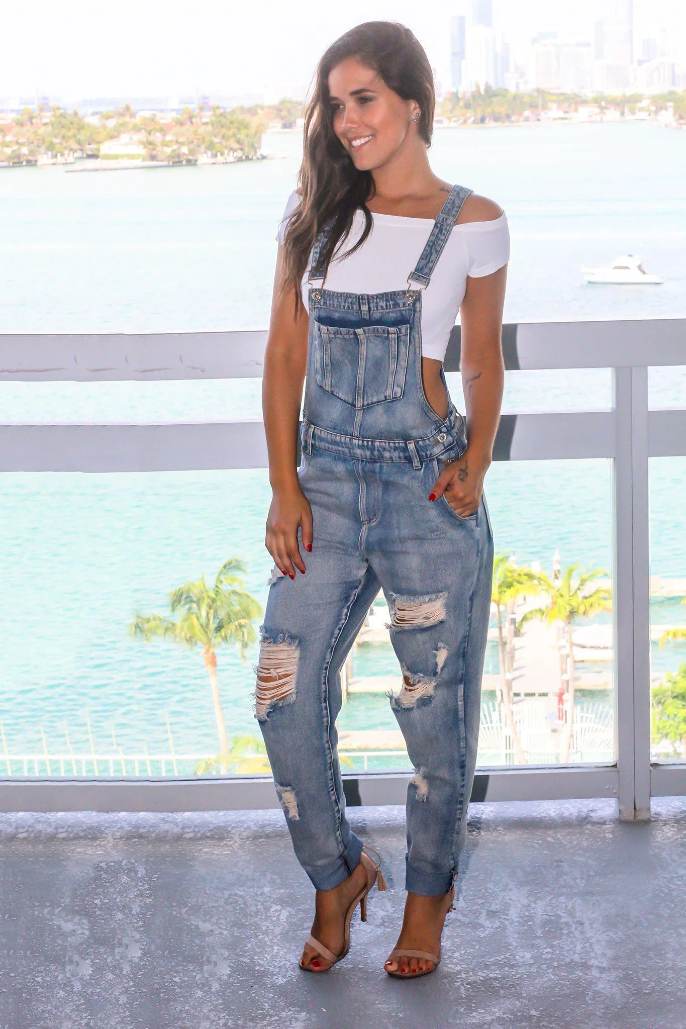 Denim Distressed Overalls