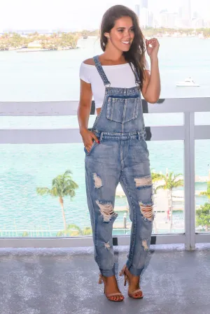 Denim Distressed Overalls