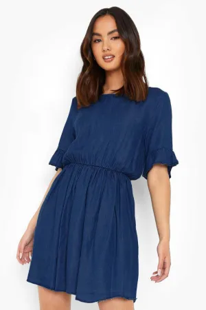 Denim Frill Sleeve Blue Dress