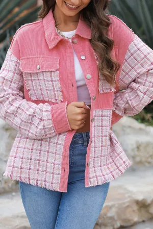 Denim Jacket Light Jean Button Up Shirt  Women's Pink Plaid Button Up Long Sleeve Jacket 100% Cotton Premium