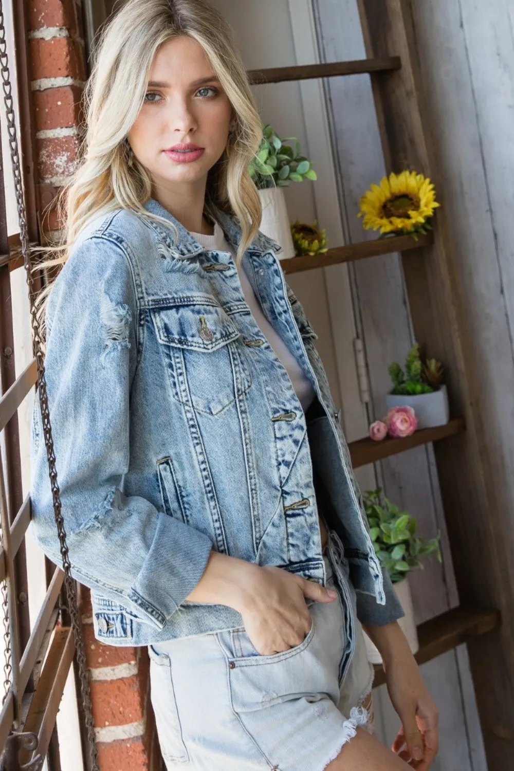 Denim Jacket Premium 100% Cotton Jean Jacket Distressed Button Up Women's Fashion KESLEY