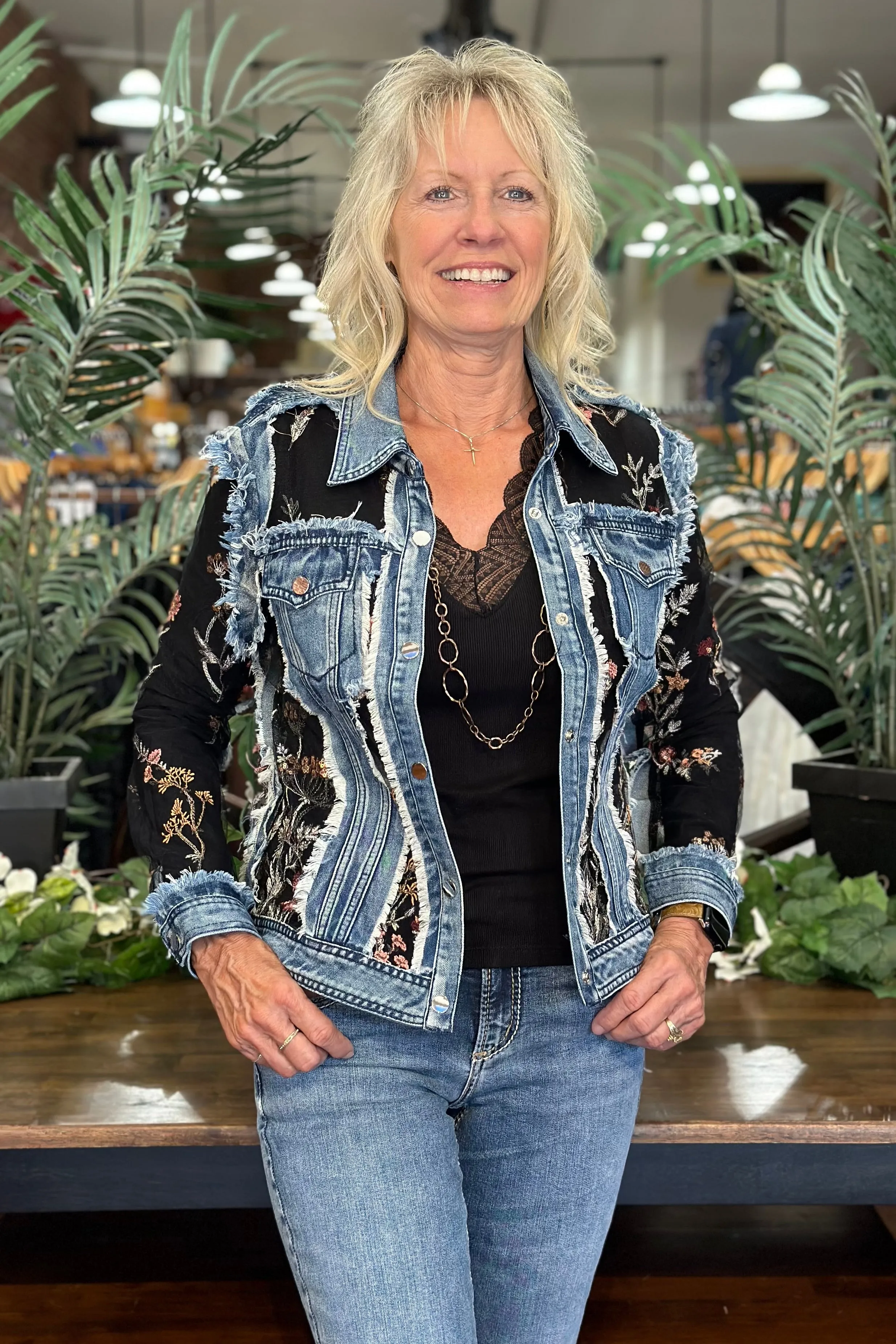 Denim 'n Black Lace Floral Embroidered Jacket