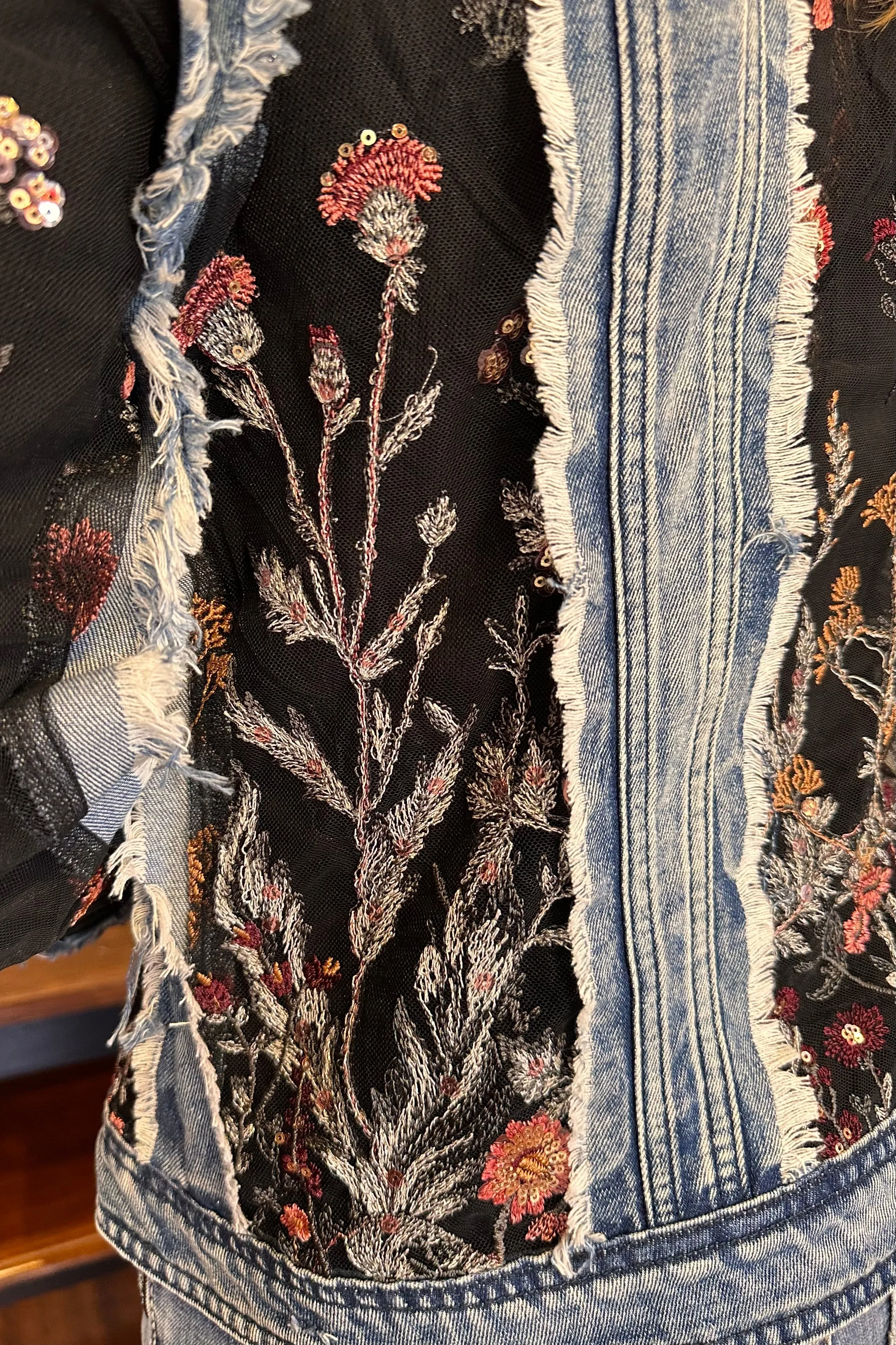 Denim 'n Black Lace Floral Embroidered Jacket