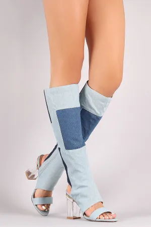 Denim Patchwork Chunky Lucite Heeled Cutout Knee High Boots