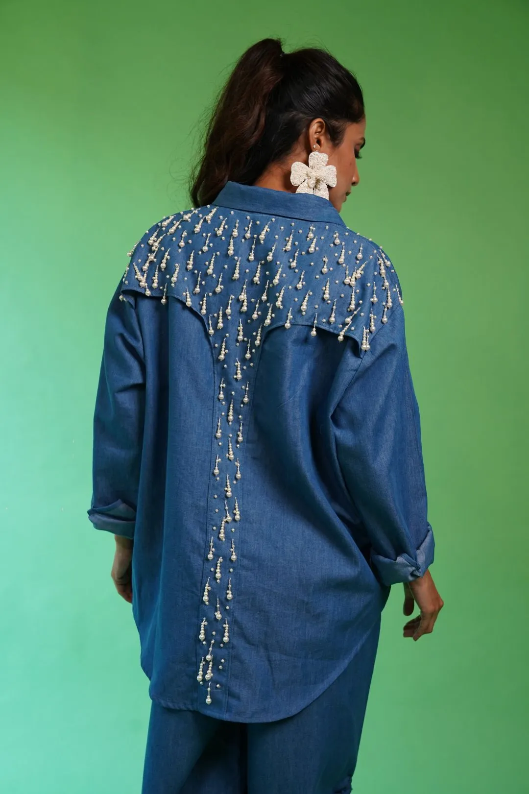 Denim Pearl Shirt   Rusched Pants