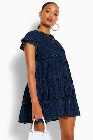 Denim Ruffle Smock Dress