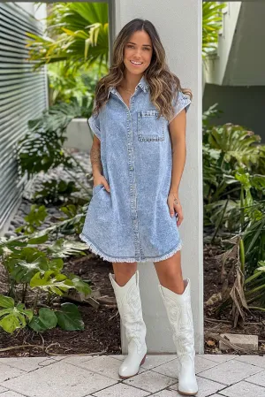 Denim Shirt Dress With Frayed Hem