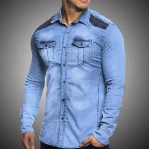 Denim Shirt Men Casual Fit Slim Long Sleeve