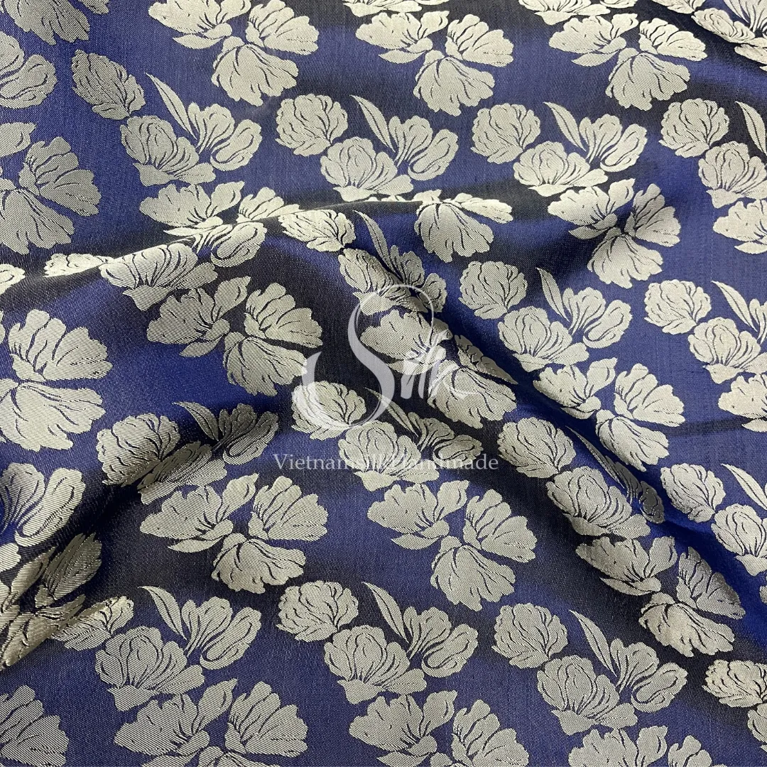 Denim Silk with Big Silver Flowers - PURE MULBERRY SILK fabric by the yard -  Floral Silk -Luxury Silk - Natural silk - Handmade in VietNam