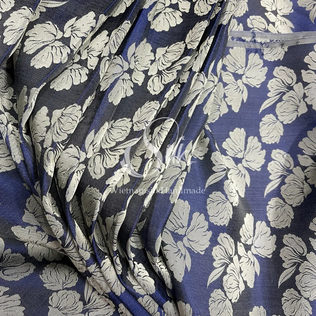 Denim Silk with Big Silver Flowers - PURE MULBERRY SILK fabric by the yard -  Floral Silk -Luxury Silk - Natural silk - Handmade in VietNam