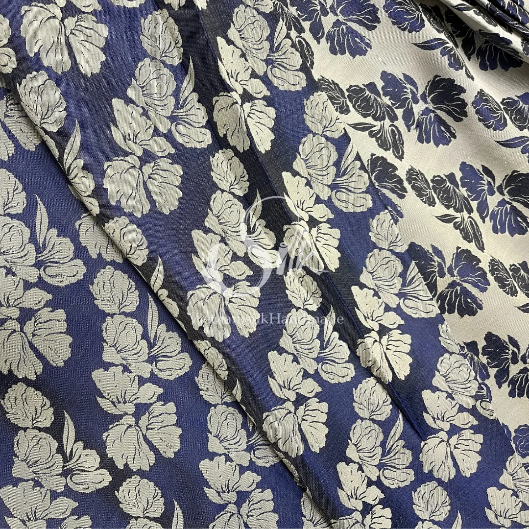 Denim Silk with Big Silver Flowers - PURE MULBERRY SILK fabric by the yard -  Floral Silk -Luxury Silk - Natural silk - Handmade in VietNam